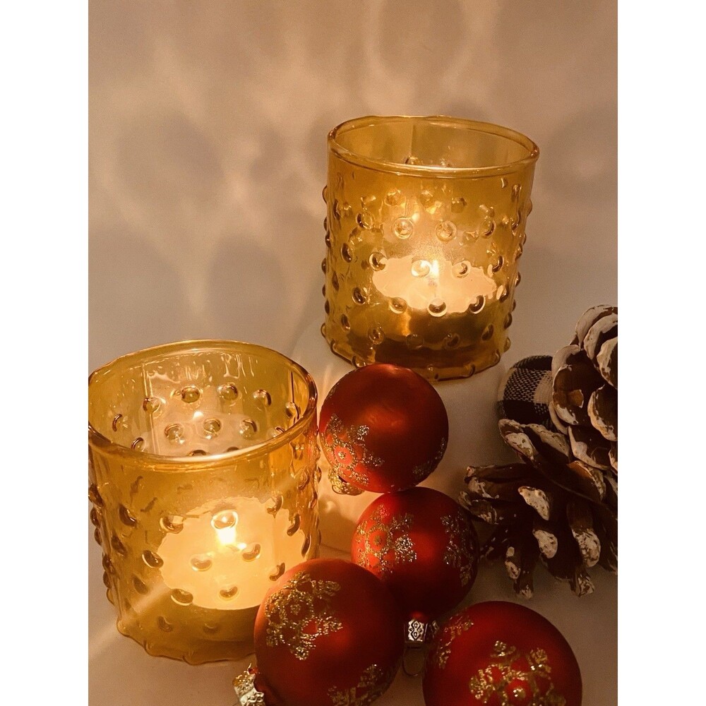 4 Hobnail Amber Glass Votive Tea Light Christmas Holiday Candle Holders 2.5” NIB